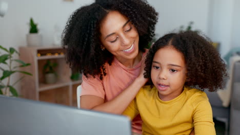 learning, mother and girl typing on laptop in home