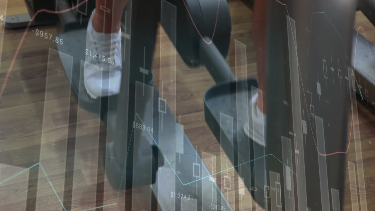 Animation of statistics and data processing over woman using walking machine