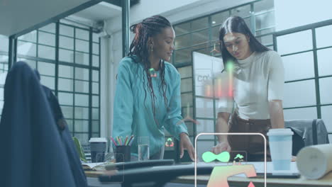 Animation-of-multiple-icons-over-diverse-female-architects-discussing-floor-plan-and-shaking-hands