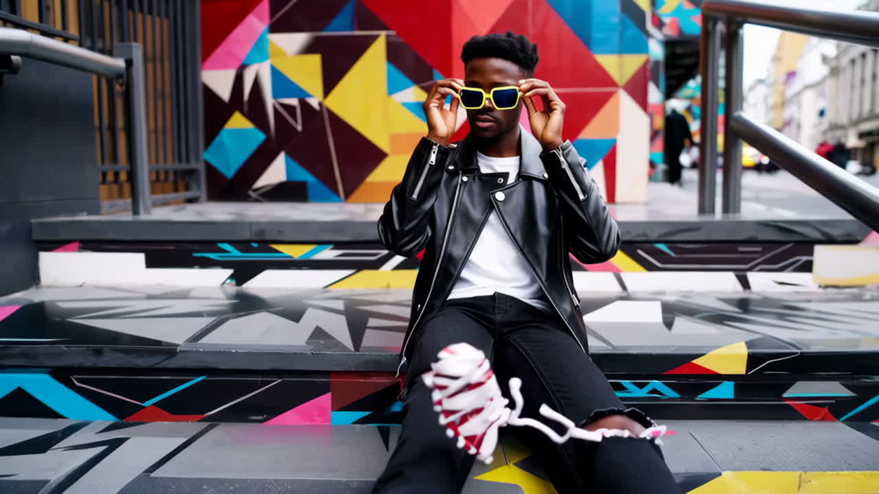 Young Man with Street Style on Vibrant Urban Staircase