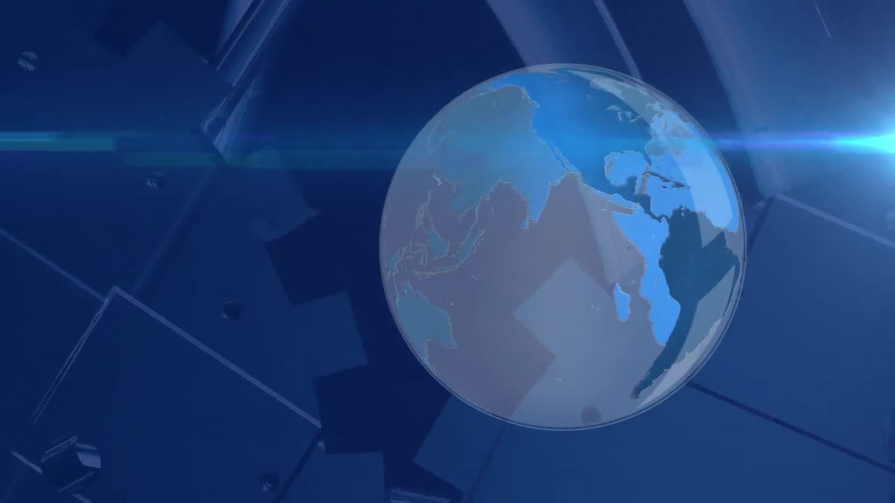 Composición de procesamiento de datos y engranajes girando sobre un globo terráqueo