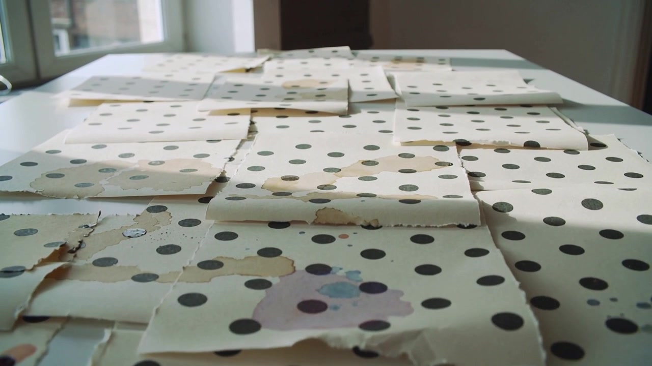 Moving low camera scanning torn square polka dot papers under window light, revealing coffee stains