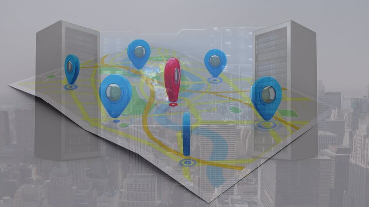 Animation of digital map, servers and cityscape
