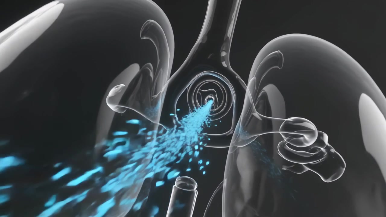 Emitting left nozzle spraying blue jet into transparent lungs in medical 3D, showing vortex rings