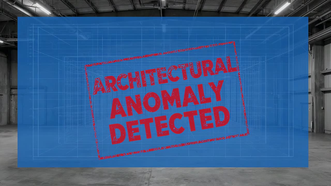 Appearing blue overlay bearing red anomaly stamp, shifting downward, revealing empty warehouse