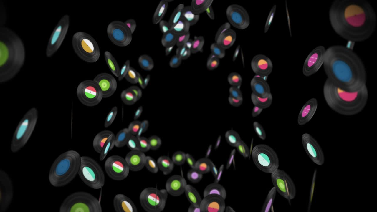 검은 바탕에 많은 비닐 레코드를 날아가는 오래된 기술, 레트로 디자인, 음악 레코드 회전의 3d 애니메이션, 루프 애니메이션.
