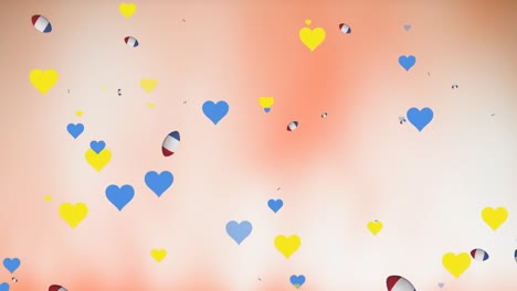 animación de iconos de corazón sobre pelotas de rugby con bandera de francia