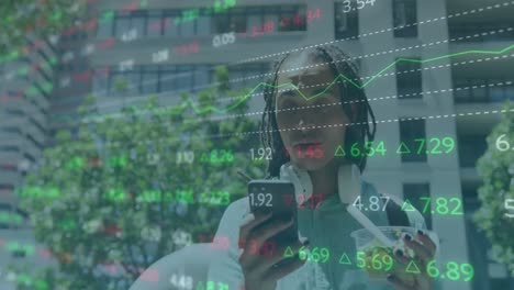 Animation-of-trading-board-over-african-american-woman-with-beverage-using-smartphone