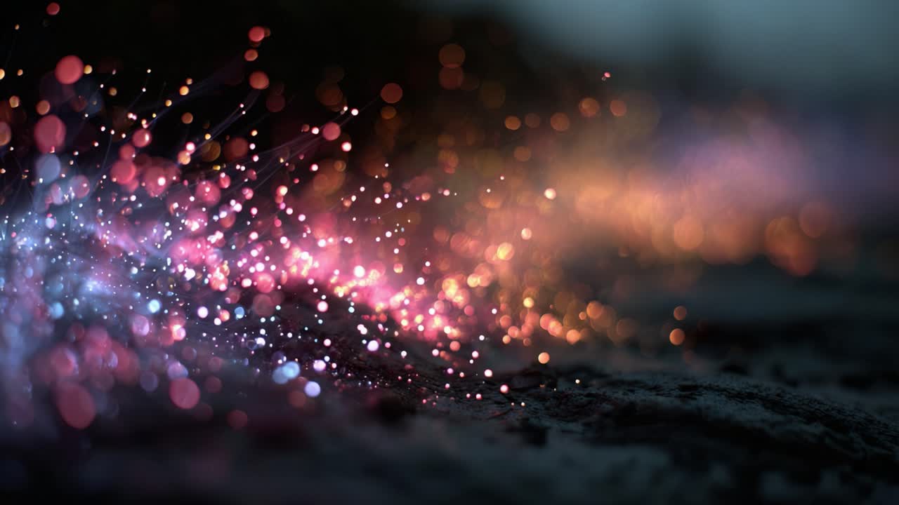 Particelle luminose e luci bokeh scintillanti creano uno sfondo magico e da sogno con polvere brillante che fluttua attraverso un paesaggio astratto misterioso, surreale e futuristico