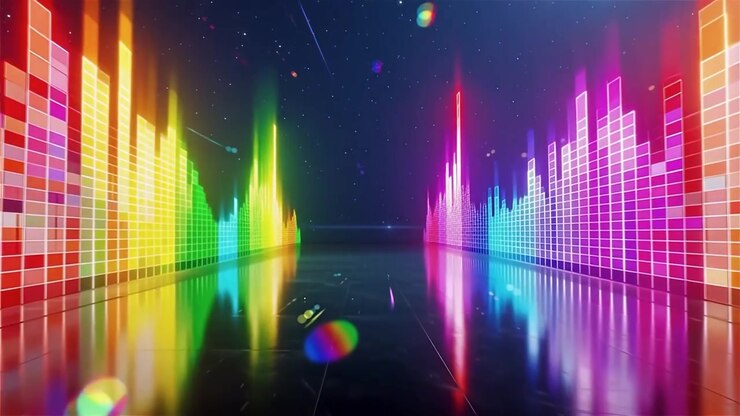 Futuristisk regnbuefarvet neon musik equalizer visualisering baggrund.