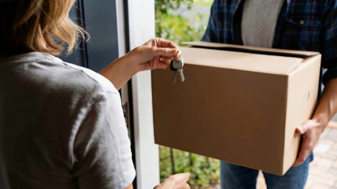 Handing keys, plaid courier holding box at front door, enabling homeowner to accept package