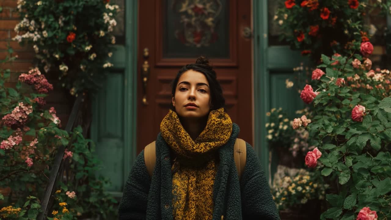 A Thoughtful Young Woman Surrounded by Vibrant Flowers and Doorway, Capturing a Moment of Reflection and Nature's Beauty in an Urban Setting