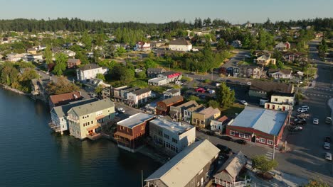 establishing aerial shot over coupeville, washington's downtown city center