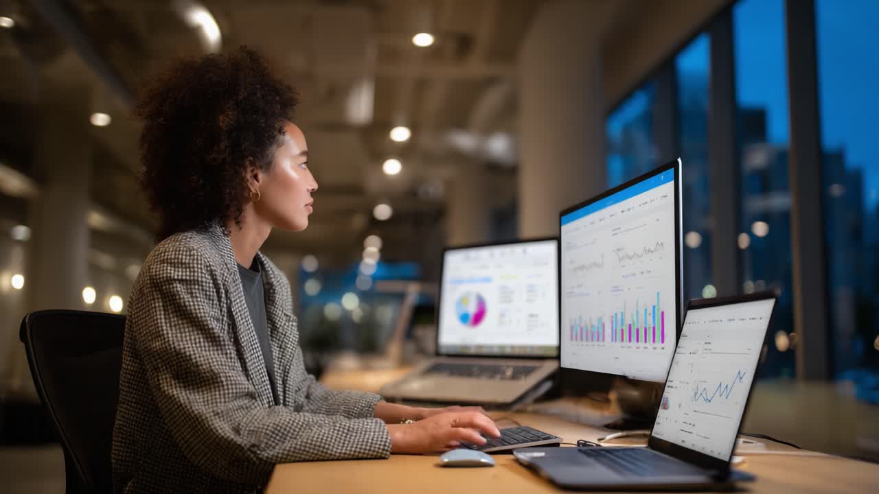 Focused Professional Analyzing Data on Multiple Screens in a Modern Office Environment, Showcasing Trends and Insights with Charts and Graphs
