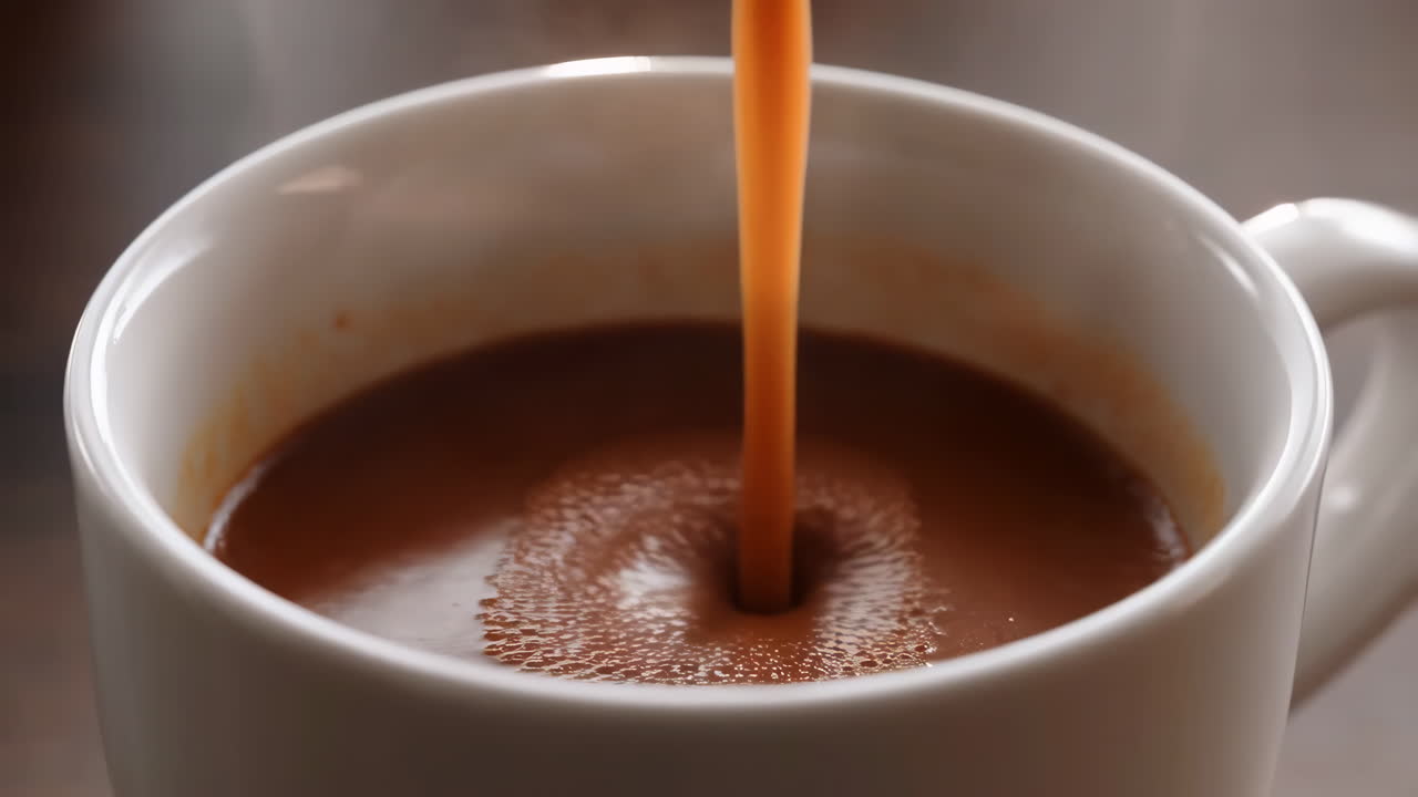 Close-up of a hot beverage being poured into a white mug
