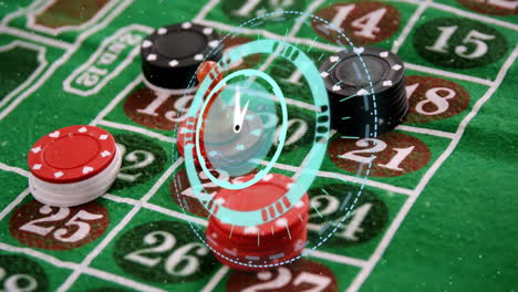 animation of clock with turning hands, over poker chips stacked on gambling table