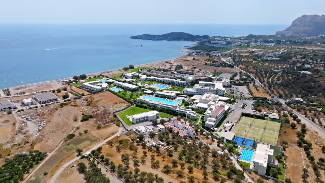 Aerial view around all-inclusive hotels in Kolympia, sunny day in Rhodes, Greece