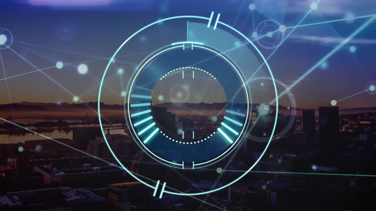 Animation of network of connections with icons and scope over cityscape