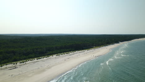 Luftumlaufbahn-Des-Wunderschönen-Osetnik-Strandes-Mit-Wald-Und-Wellen-An-Sonnigen-Sommertagen