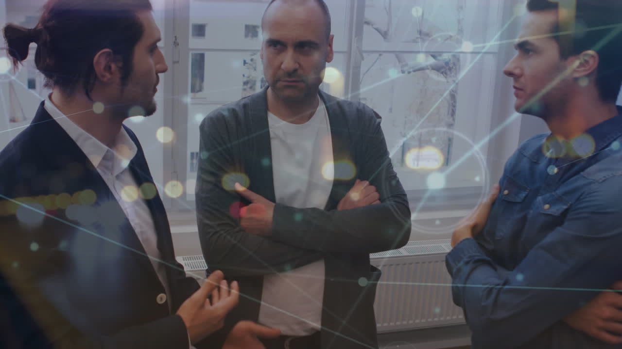 Animation of network of connections over diverse business people in office