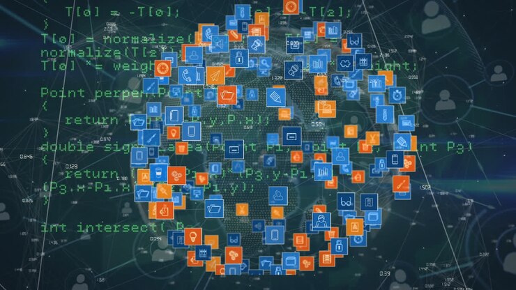 Animation of rotating sphere made of icons and data processing over network of connections
