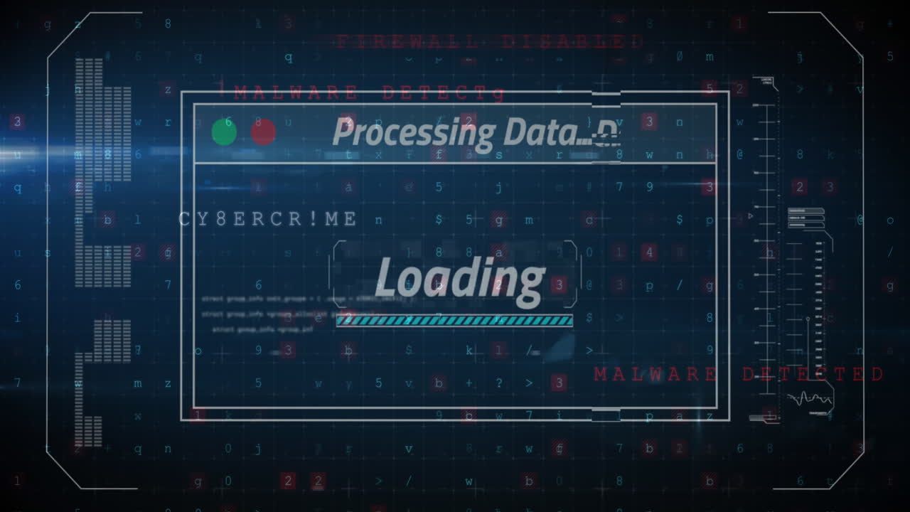 Animation of data processing on screen over cyber attack warning