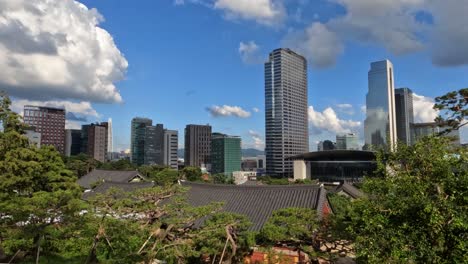 View-from-Bongeunsa-Temple-on-WTC-Seoul-Trade-Tower-and-Coex-Convention-and-Exhibition-Center,-Asem-Tower-building-exteriors