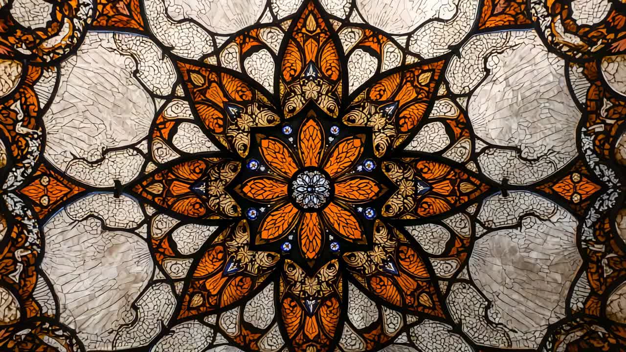 Stained-glass panel staying fixed in hall, with radial floral lead-framing amber-blue-cream shards