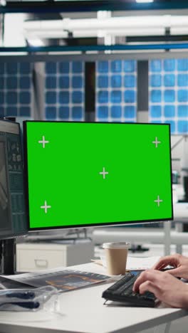 vertical video male technician in a solar panel plant uses chroma key for system performance