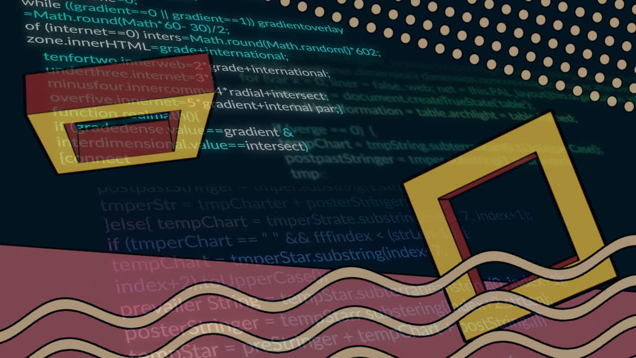 Animation with abstract geometric shapes over colorful digital coding patterns