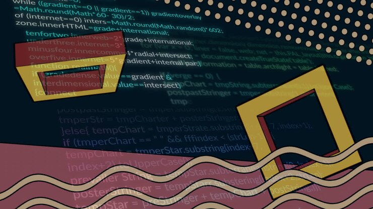 Animation with abstract geometric shapes over colorful digital coding patterns