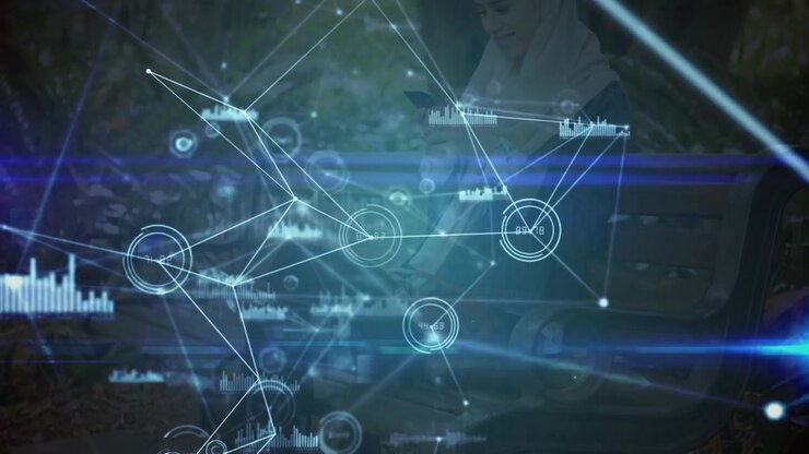 Animation of data processing over woman using smartphone