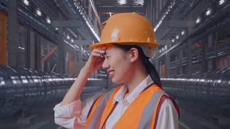 close up side view of asian female engineer with safety helmet having a headache while working with metal pipes
