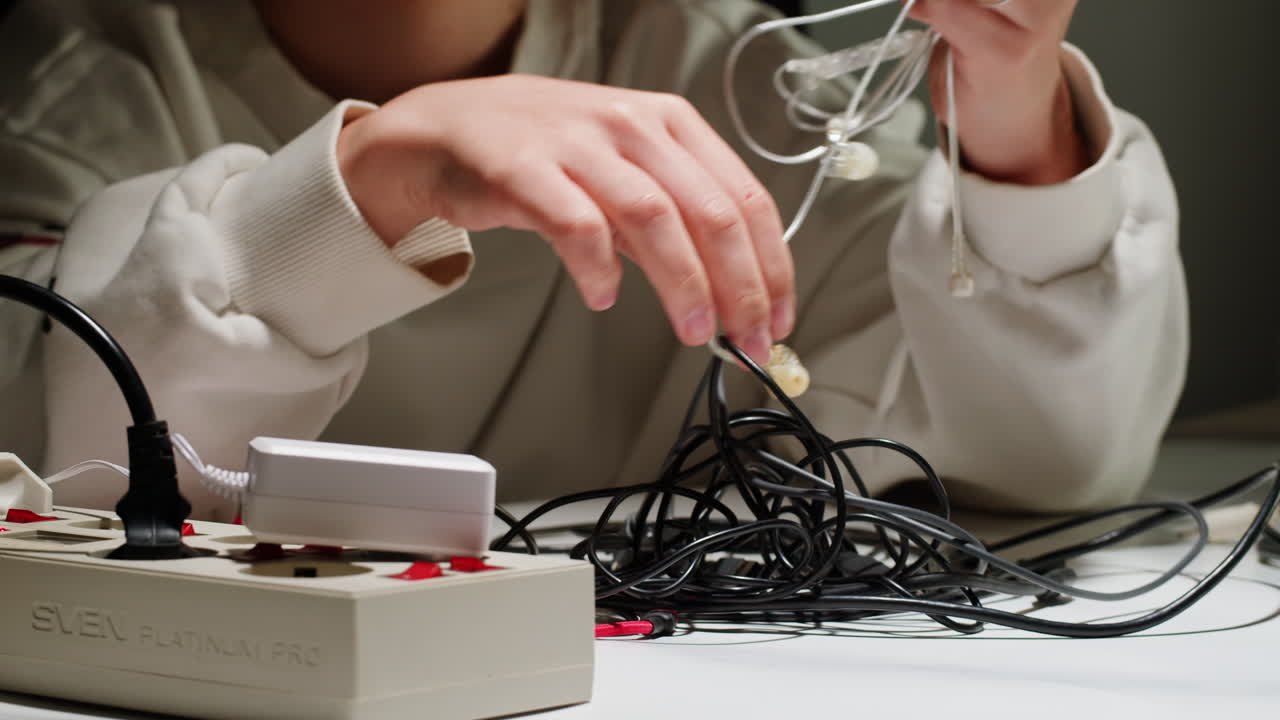 Young woman trying to untangle the headphones close-up. Tangled wires on table. Trying to untangle many messy cables