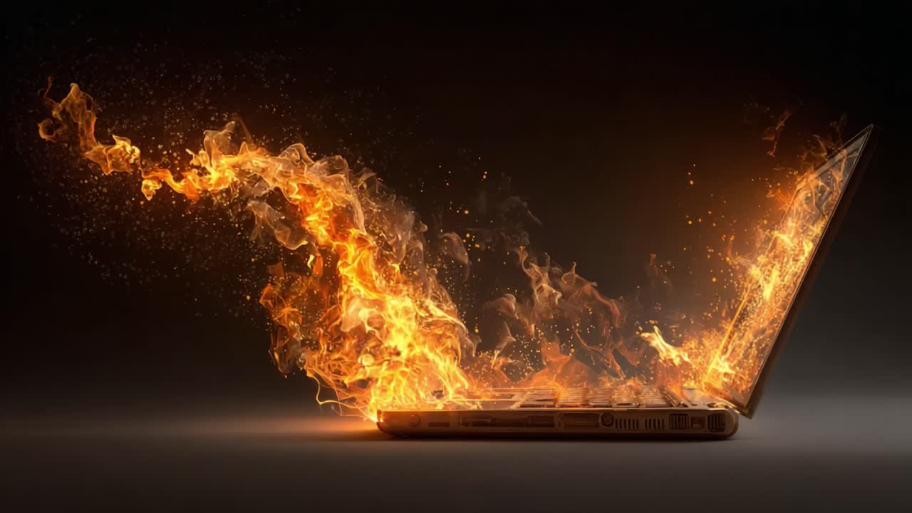 En dramatisk visualisering af teknologi opslugt af flammer, der fremhæver et brændende udbrud fra en bærbar computer, som symboliserer intens energi og transformation