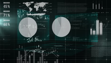mathematical equations floating against statistical data processing against black background