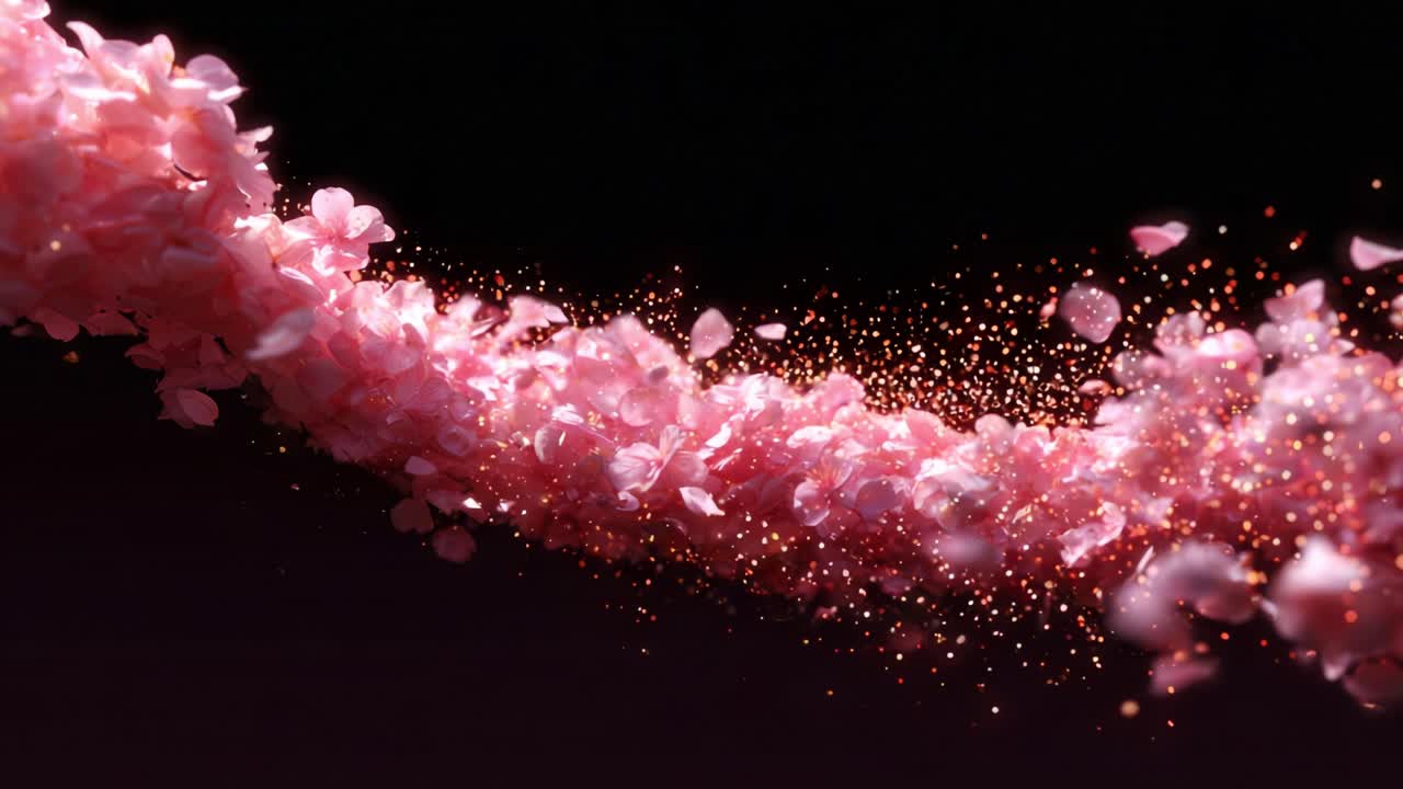 A Beautiful Flow of Pink Petals Surrounded by Sparkling Particles Gliding Through a Dark Background, Creating a Dreamy and Serene Atmosphere in This Enchanting Visual Journey