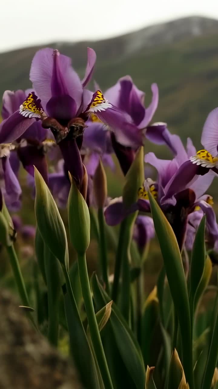 Vertical video: Pulling focus, camera revealing purple iris blooms and lichen rock on rocky hill