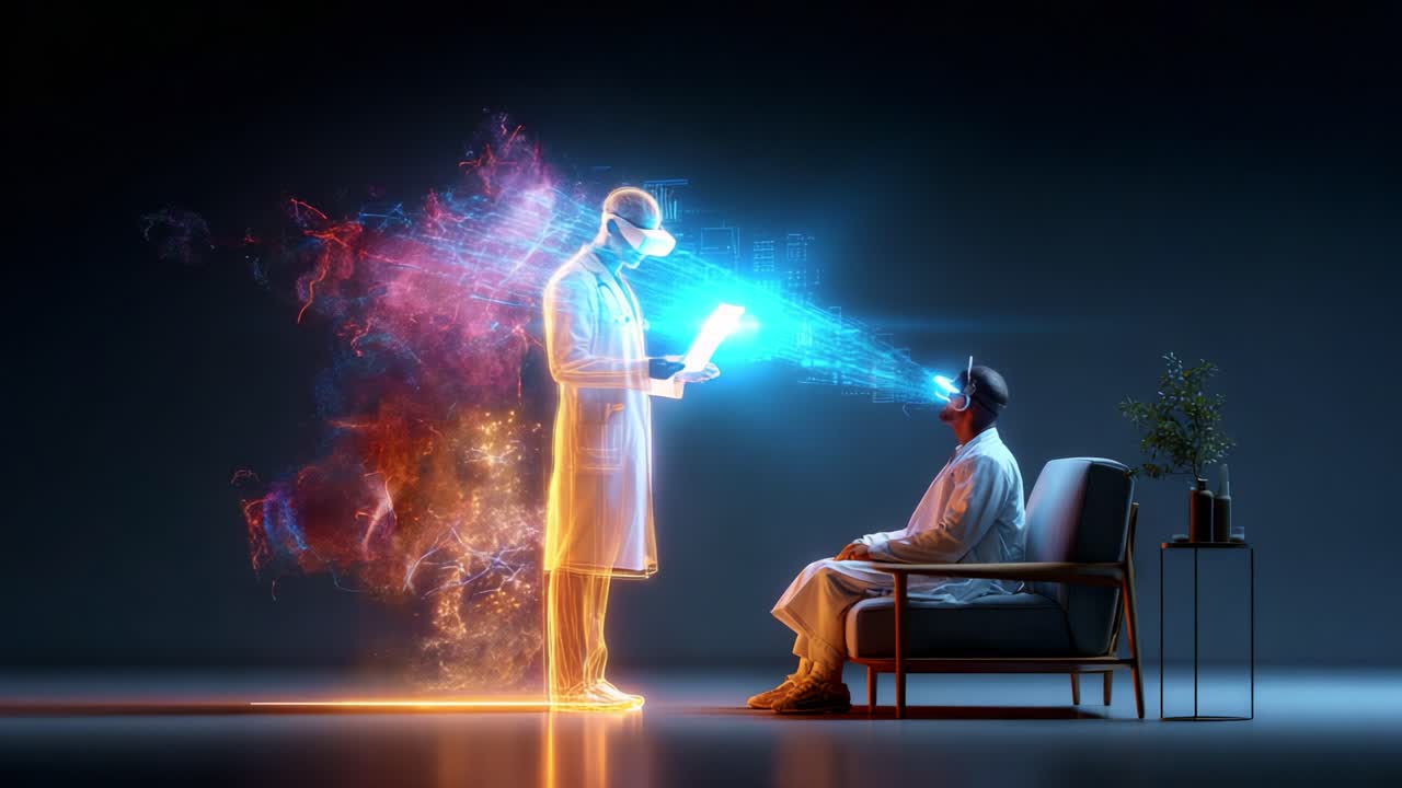 In a futuristic setting, a scientist or doctor interacts with a patient wearing a virtual reality headset, exploring the intersection of technology and healthcare in an innovative way