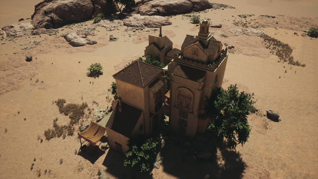 Distant aerial perspective of sparse oasis and arid fortress