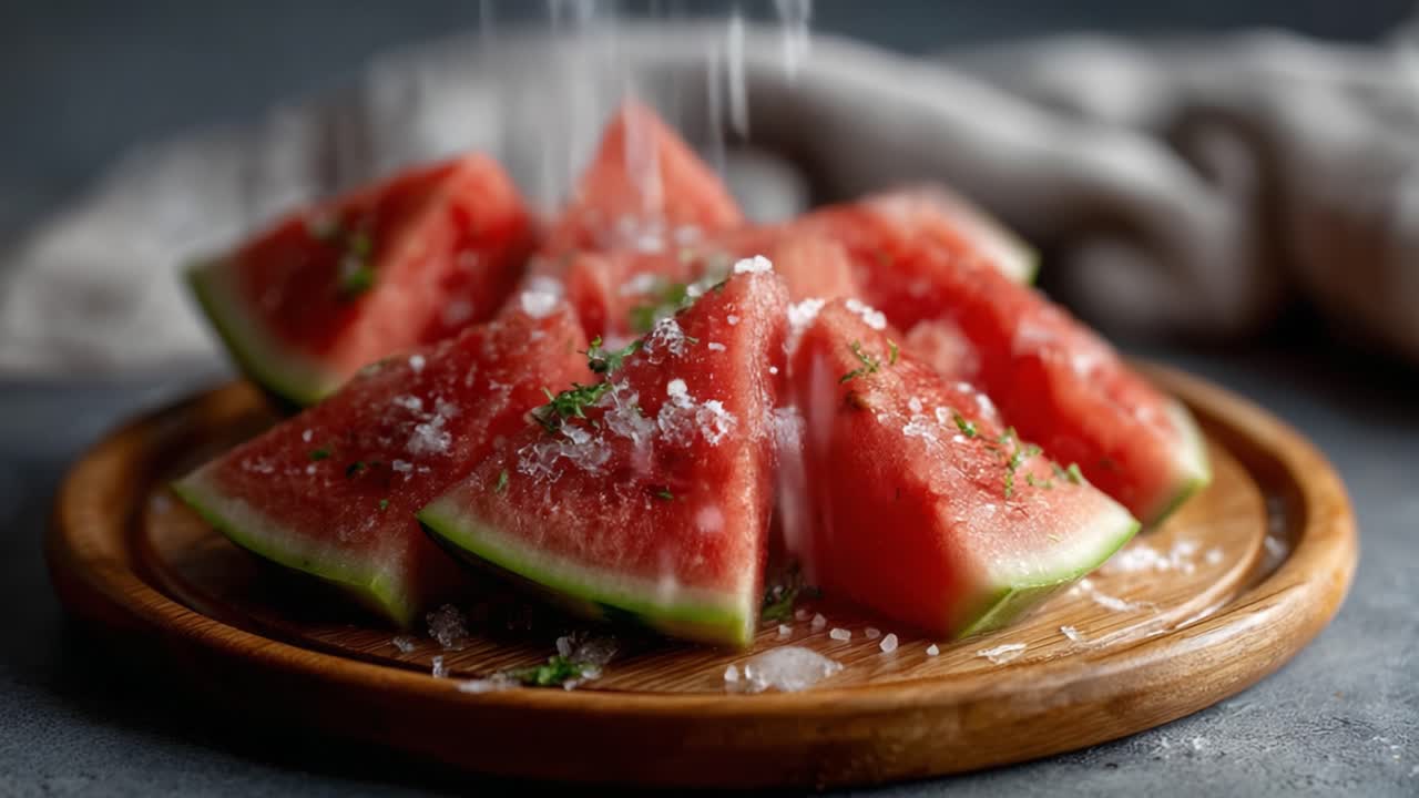 Deliciously Refreshing Slices of Watermelon Presented on a Rustic Wooden Platter, Garnished with a Touch of Salt and Fresh Herbs for an Exquisite Summer Treat