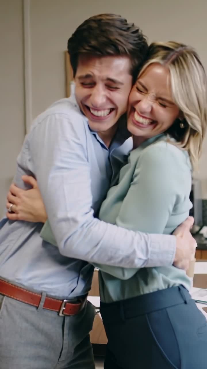 Colleghi felici che si abbracciano e ridono in ufficio
