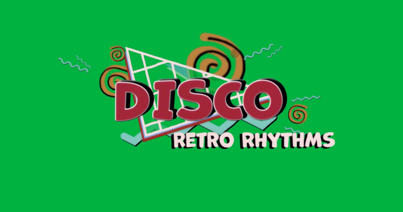 Presentazione di un promo musicale retro DISCO e RETRO RHYTHMS su sfondo trasparente con zigzag verde acqua.