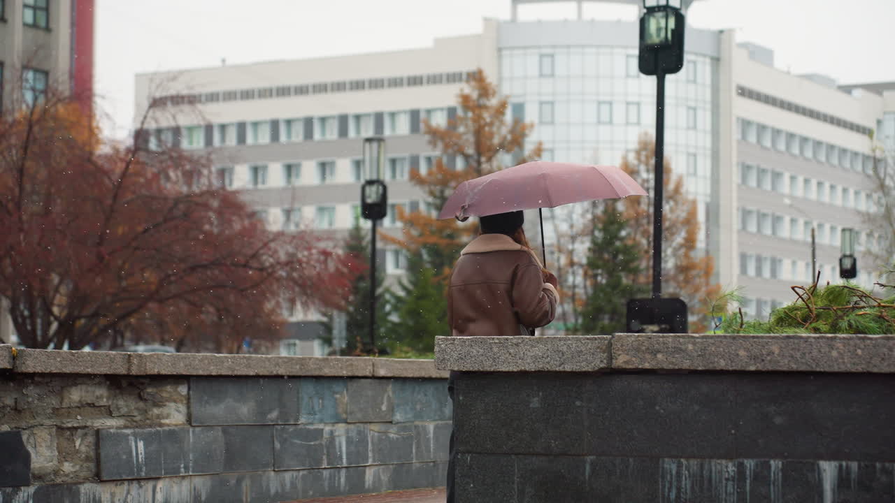 Rear view of young woman walking in light snowfall holding umbrella wearing knit cap brown shearling jacket black trousers one hand pocket autumn leaves urban buildings background