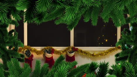 animación del marco del árbol de abeto de navidad sobre la ventana de la noche de invierno en el fondo