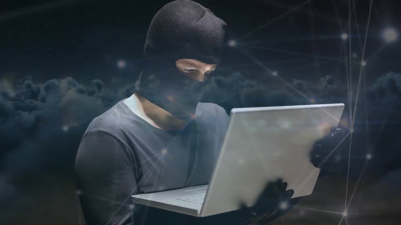 Animazione digitale di un hacker che usa un laptop su sfondo scuro 4K