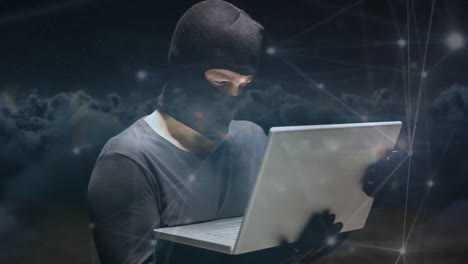 animación digital de un hacker usando una computadora portátil contra un fondo oscuro 4k