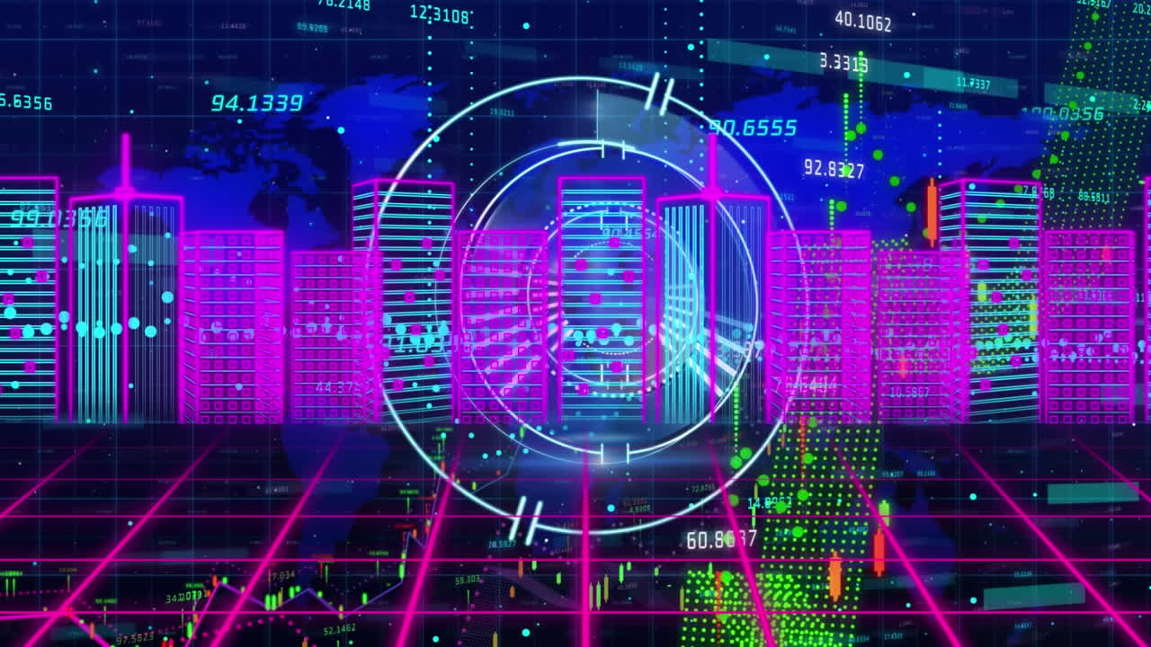 검은색 배경에 디지털 도시와 함께 데이터 처리를 통해 스 스캔의 애니메이션.