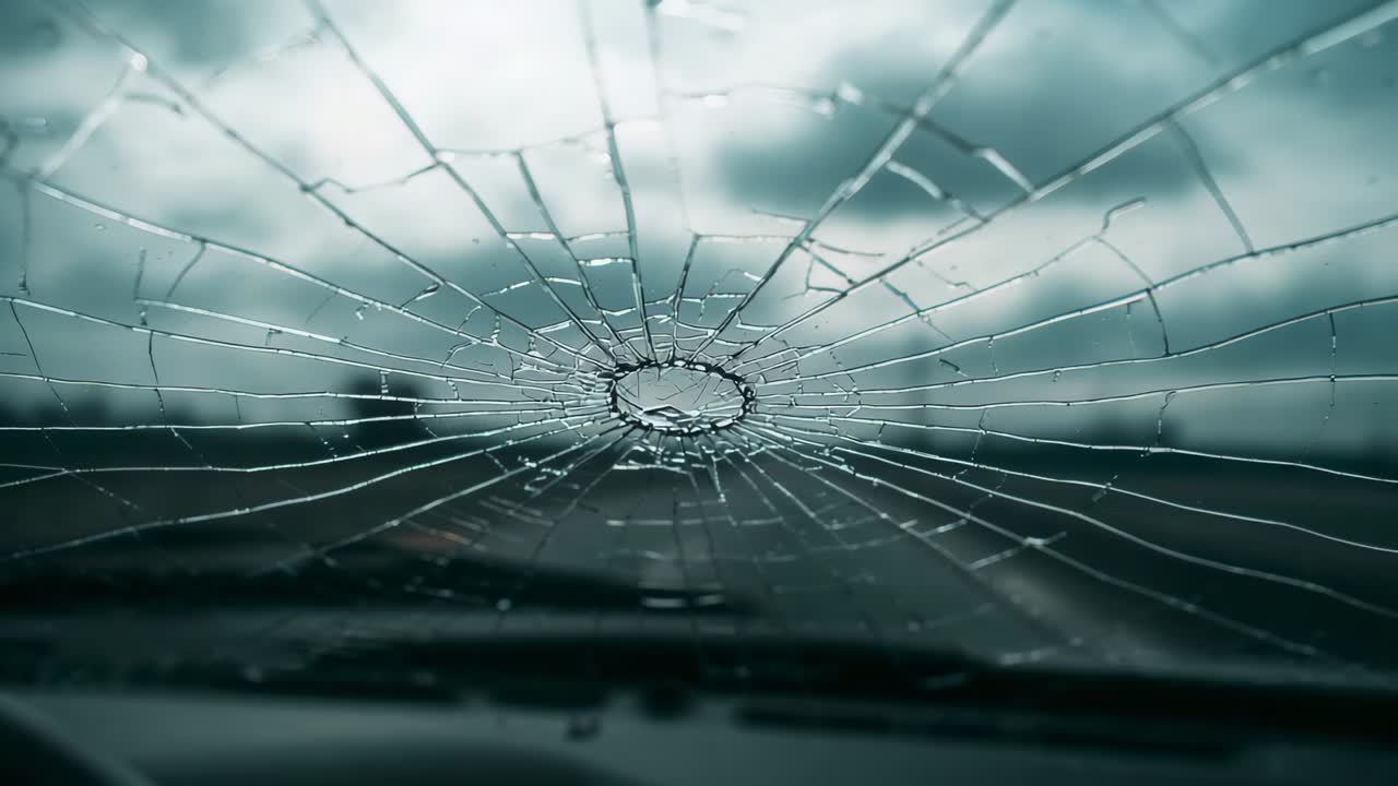 Immagine di un parabrezza in frantumi dopo l'impatto di un veicolo in movimento su un'autostrada bagnata, con gocce