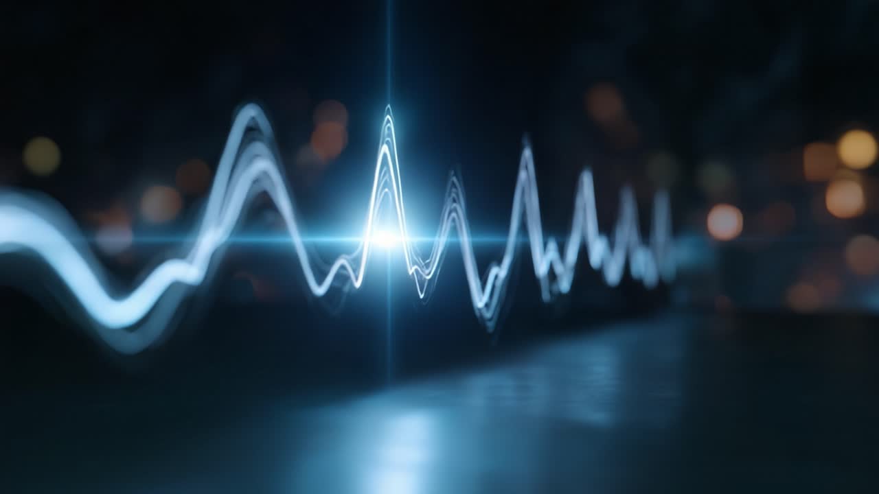 Fængslende visualisering af en lydbølgeform, der fluktuerer i intensitet, der viser skønheden ved lydgengivelse i et digitalt format med lyselementer